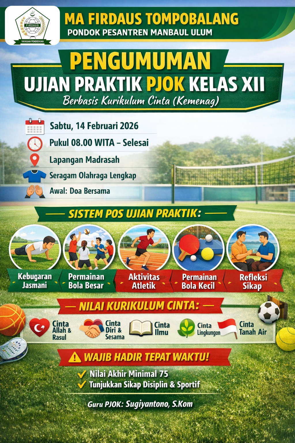 📢 PEMBERITAHUAN UJIAN PRAKTIK PJOK KELAS XII Berbasis Kurikulum Cinta (Kemenag)