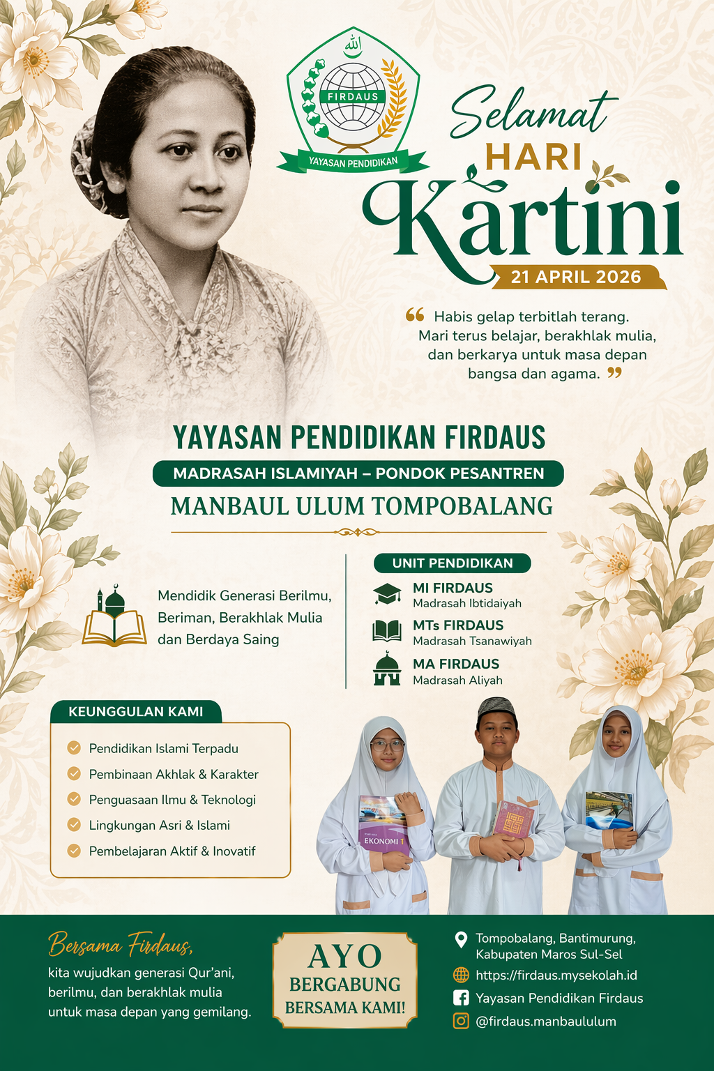 Selamat Hari Kartini 21 April 2026 Yayasan Pendidikan Firdaus – Pon-Pes Manbaul Ulum Tompobalang