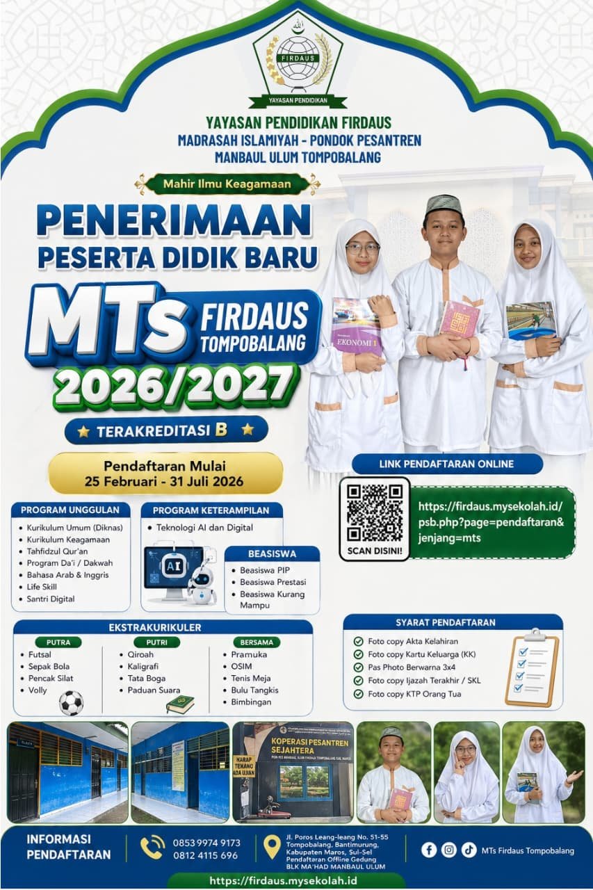 SPMB MTs FIRDAUS TOMPOBALANG TAHUN AJARAN 2026/2027 RESMI DIBUKA