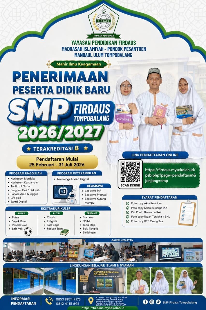 SPMB SMP FIRDAUS TOMPOBALANG TAHUN AJARAN 2026/2027 RESMI DIBUKA
