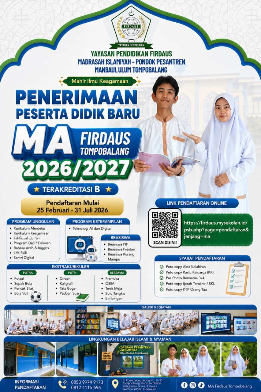 SPMB MA FIRDAUS TOMPOBALANG TAHUN AJARAN 2026/2027 RESMI DIBUKA