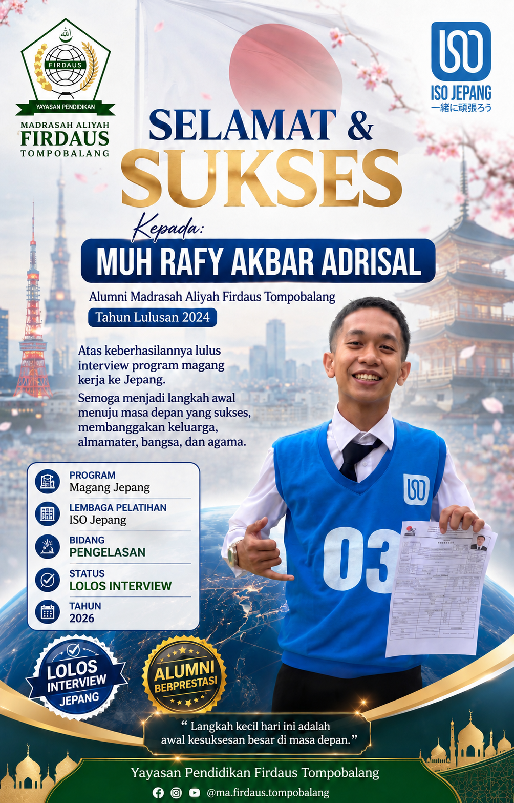 Alumni MA Firdaus Tompobalang Kembali Torehkan Prestasi: Lolos Interview Program Magang Jepang Bidang Pengelasan